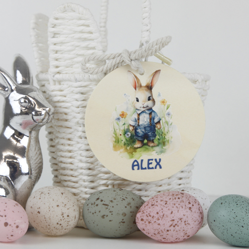 Personalised Wooden Basket Tag - Bunny in Overalls