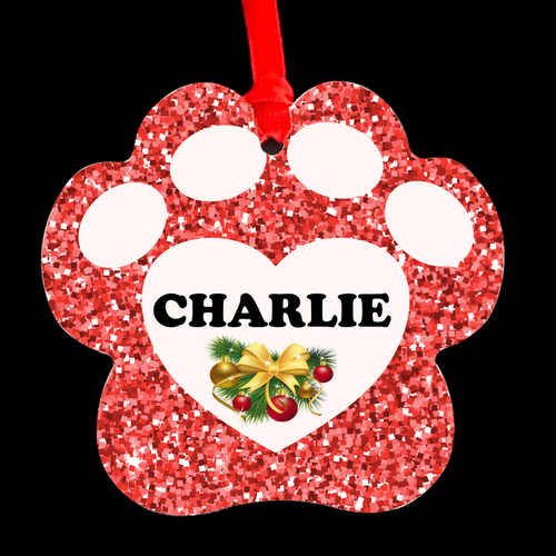 Personalised Aluminium Dog Paw Ornament - Glitter Look