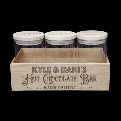 Personalised Hot Chocolate Bar With 3 Wooden Lid Jars