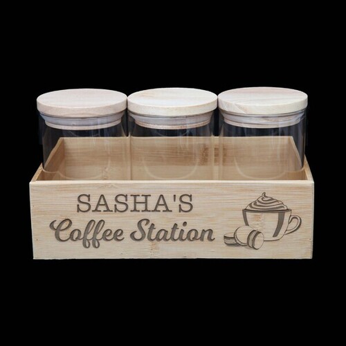Personalised Coffee Station With 3 Wooden Lid Jars
