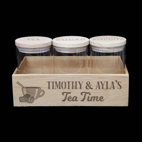 Personalised Tea Time Station With 3 Wooden Lid Jars