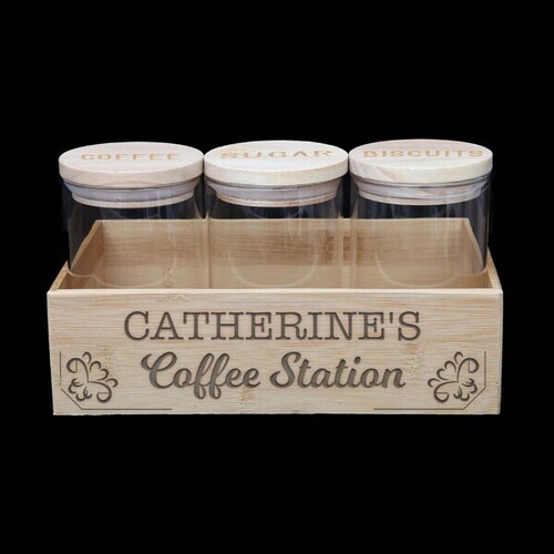 Personalised Coffee Station 2 With 3 Wooden Lid Jars