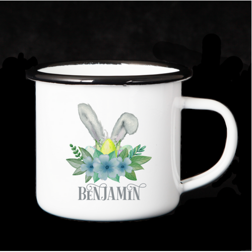 Personalised Enamel Mug - Blue Floral Bunny Ears 