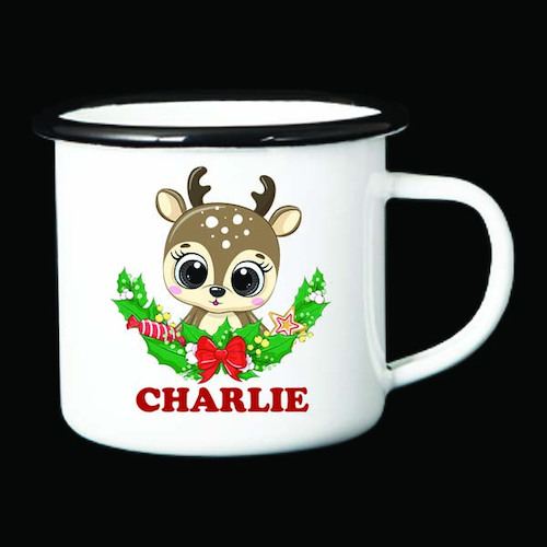 Personalised Enamel Mug - Reindeer Wreath