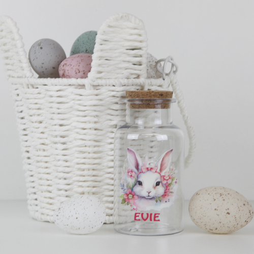 Personalised Cork Lid Acrylic Jar - Pink Watercolour Bunny