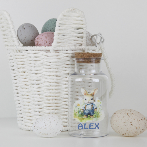 Personalised Cork Lid Acrylic Jar - Bunny in Overalls