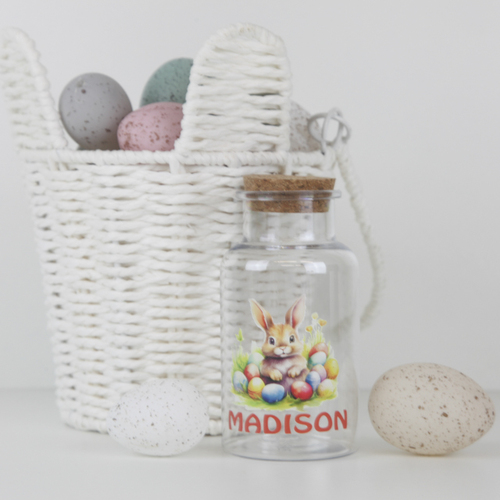 Personalised Cork Lid Acrylic Jar - Bright Bunny with Eggs