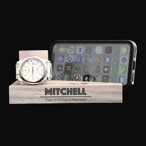 Personalised Tasmanian Oak Phone & Watch Stand - Time is Precious 