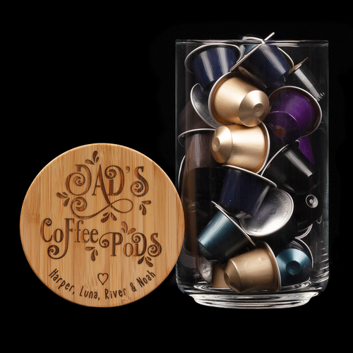 Personalised Word Art Coffee Pods Jar:Dad's - with the names of the gift givers included