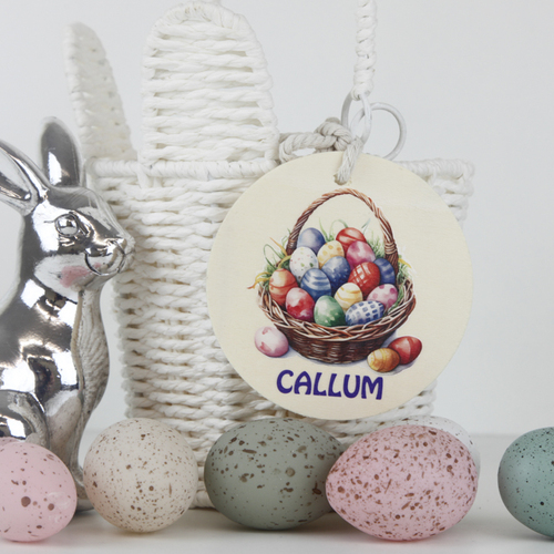 Personalised Wooden Basket Tag - Basket with Eggs 