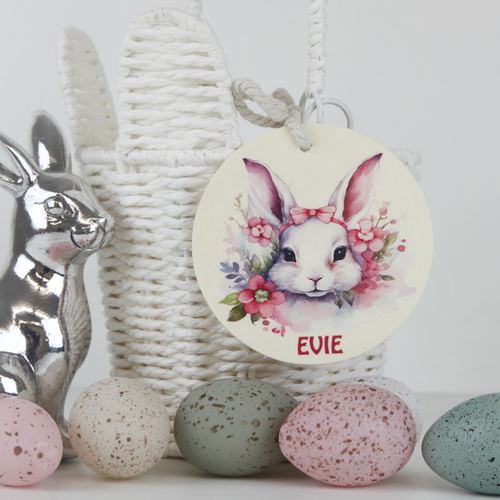 Personalised Wooden Basket Tag - Pink Watercolour Bunny