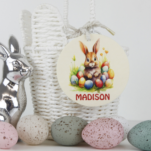 Personalised Wooden Basket Tag - Bright Bunny with Eggs