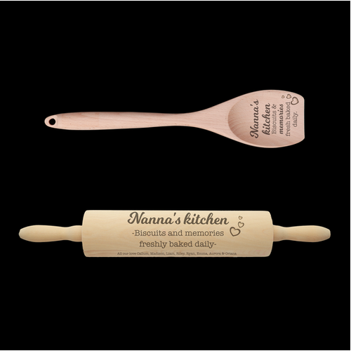 Engraved Rolling Pin & Wooden Spoon Set - Baked Fresh Daily